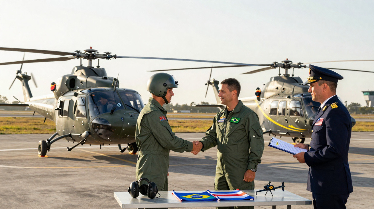 Dois pilotos militares a cumprimentarem-se junto a helicópteros, com oficial a ler documentos.