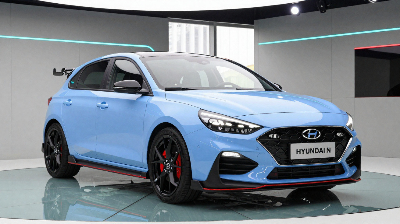 Carro Hyundai i30 N azul claro em exibição numa sala moderna com iluminação ambiente.