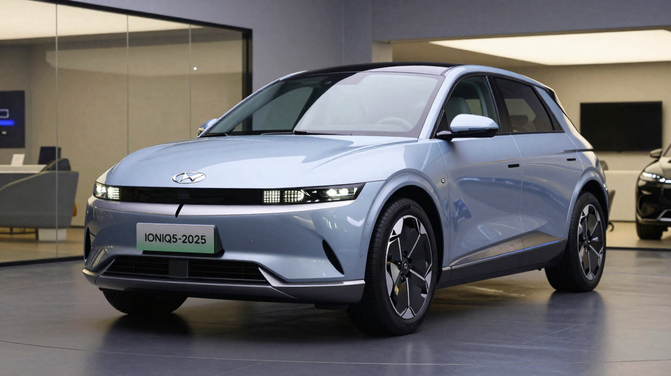 Carro elétrico cinza Hyundai Ioniq 5-2025 estacionado num showroom moderno.