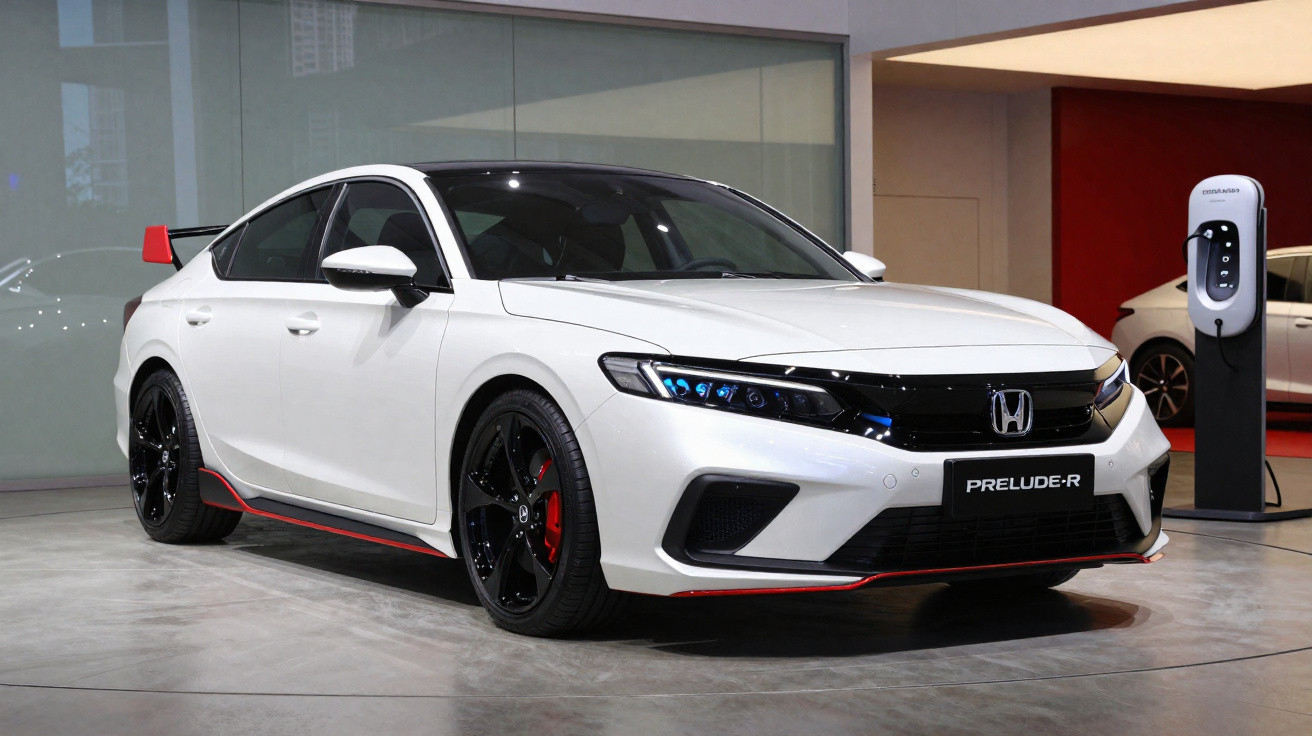 Carro desportivo Honda Prelude-R branco estacionado em exposição, ao lado de posto de carregamento elétrico.