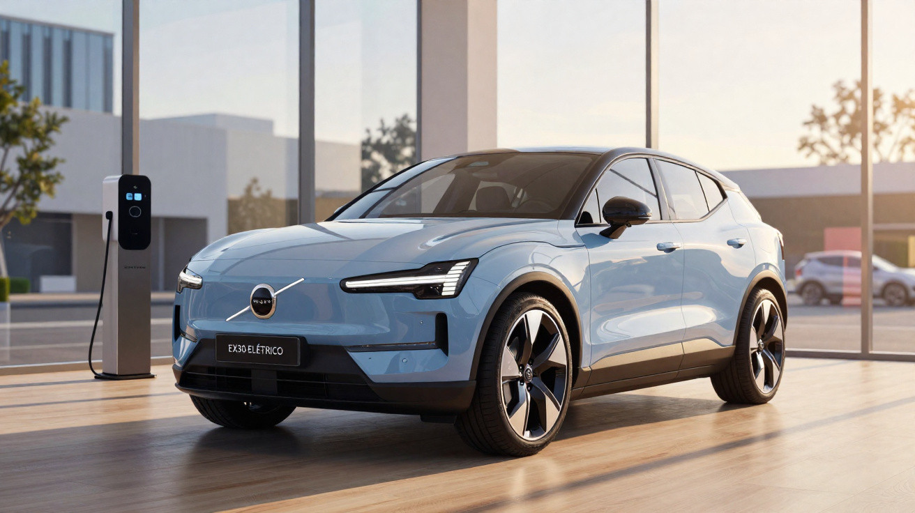 Carro elétrico Volvo EX30 azul num espaço moderno com chão de madeira e estação de carregamento.