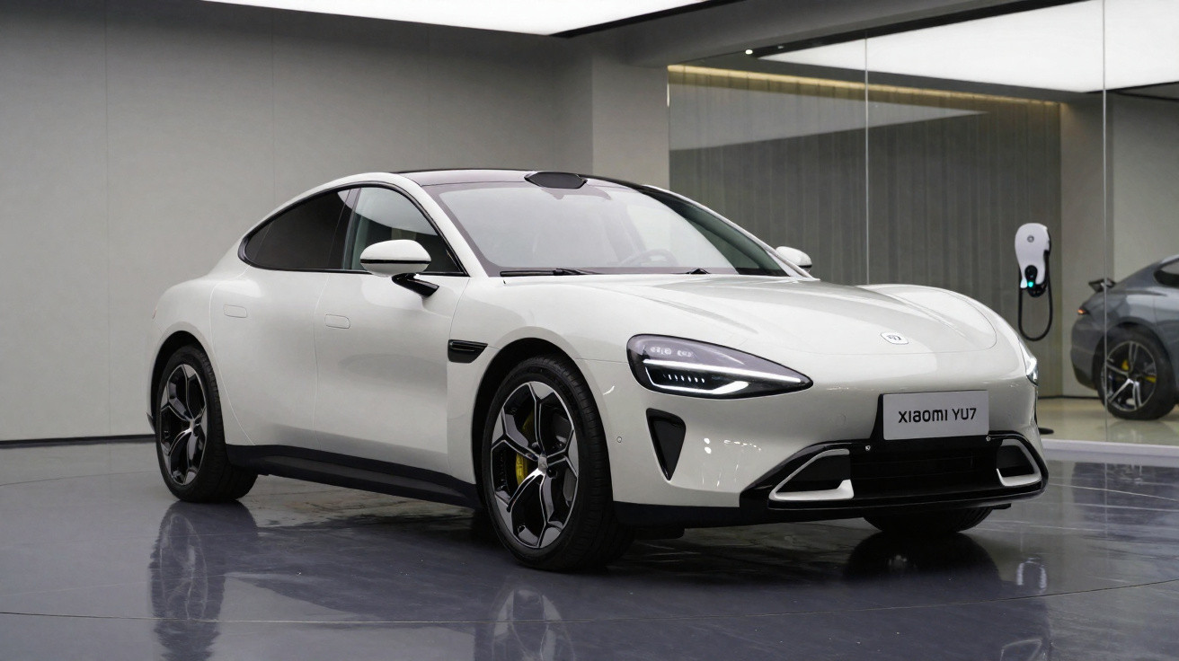 Carro elétrico branco Xiaomi YU7 estacionado numa sala moderna com parede espelhada e carregador elétrico.