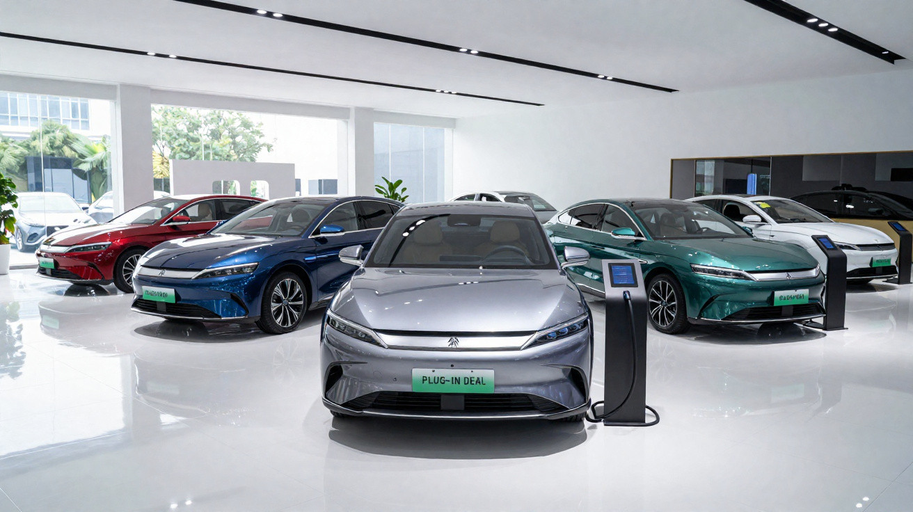 Carros elétricos modernos de várias cores em exibição numa sala de showroom ampla e iluminada.