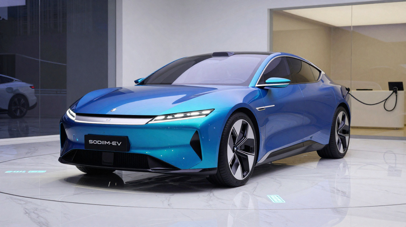 Carro elétrico desportivo azul brilhante num espaço de exposição moderno com chão de mármore.