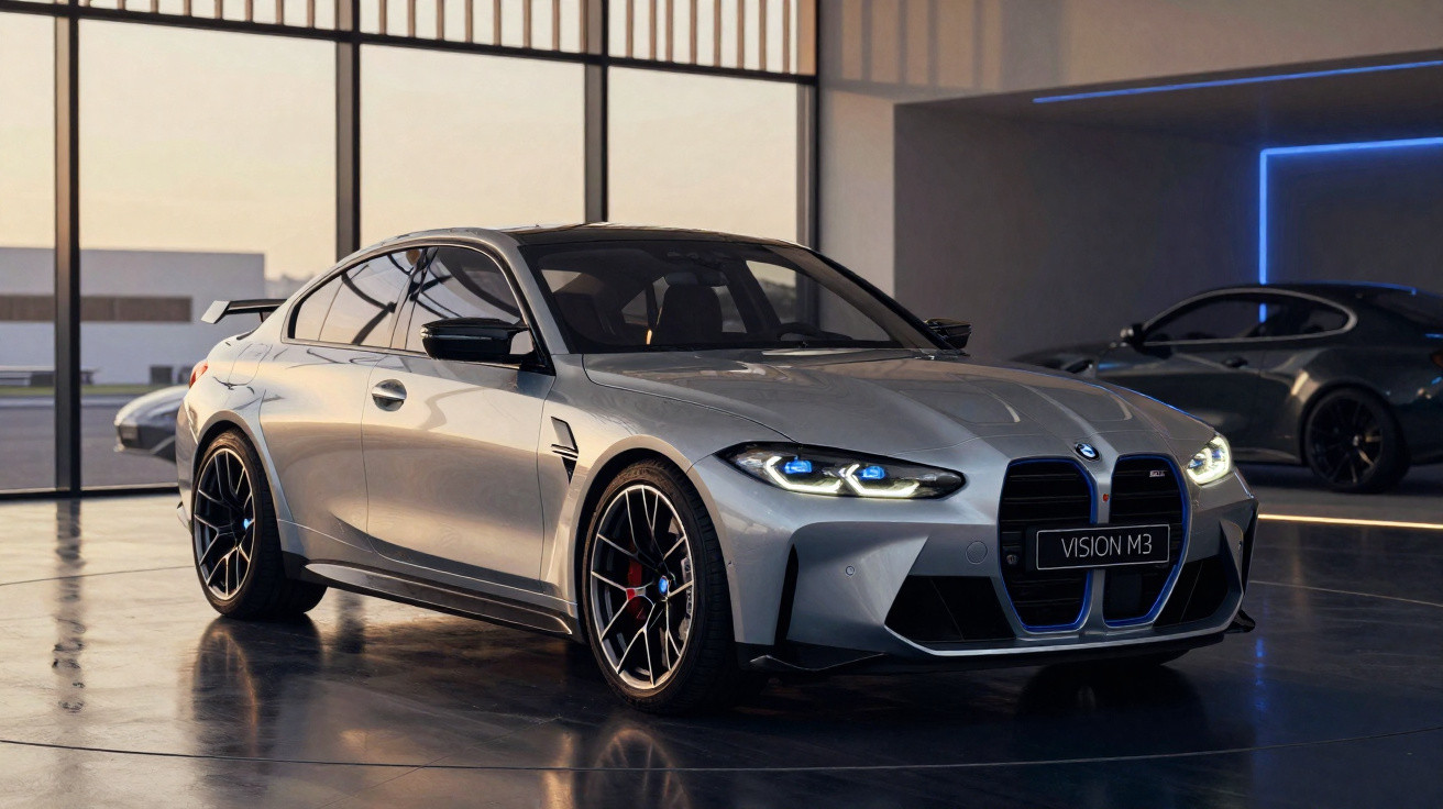 Automóvel BMW prata Vision M3 numa sala moderna com iluminação ambiente e janelas grandes.