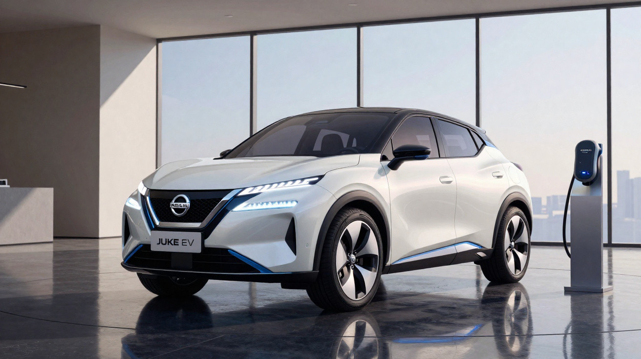 Carro eléctrico Nissan Juke EV branco estacionado dentro de um espaço moderno junto a um posto de carregamento.