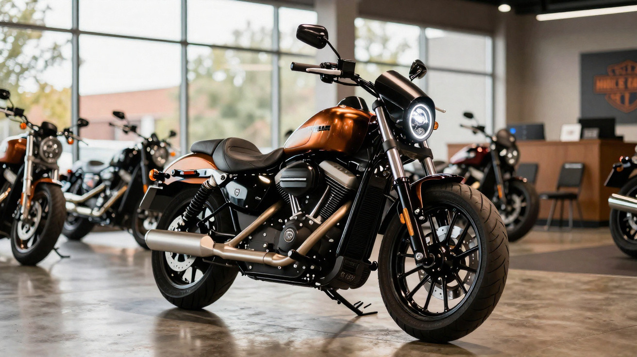Motociclo Harley-Davidson preta e cobre em showroom moderno com outras motos ao fundo.