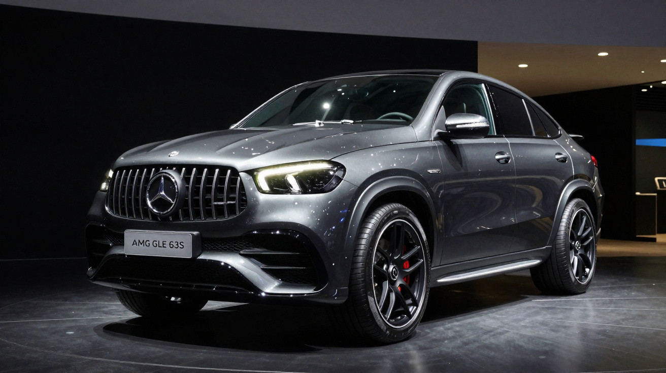 Mercedes-Benz AMG GLE 63S cinzento escuro em exposição num salão automóvel moderno.