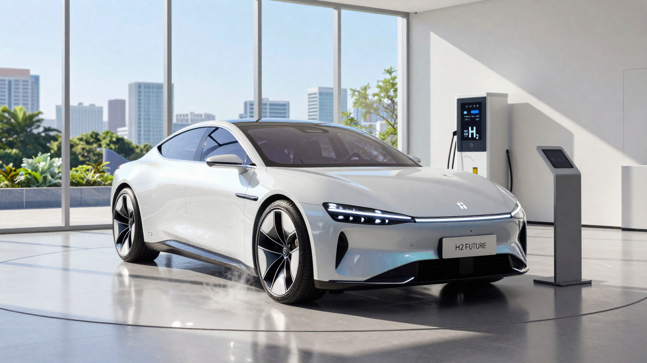Carro elétrico branco a carregar numa estação de hidrogénio num espaço moderno com janelas grandes.