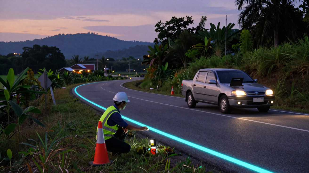 Trabalhador com colete e capacete a instalar iluminação azul na berma de estrada durante o crepúsculo.