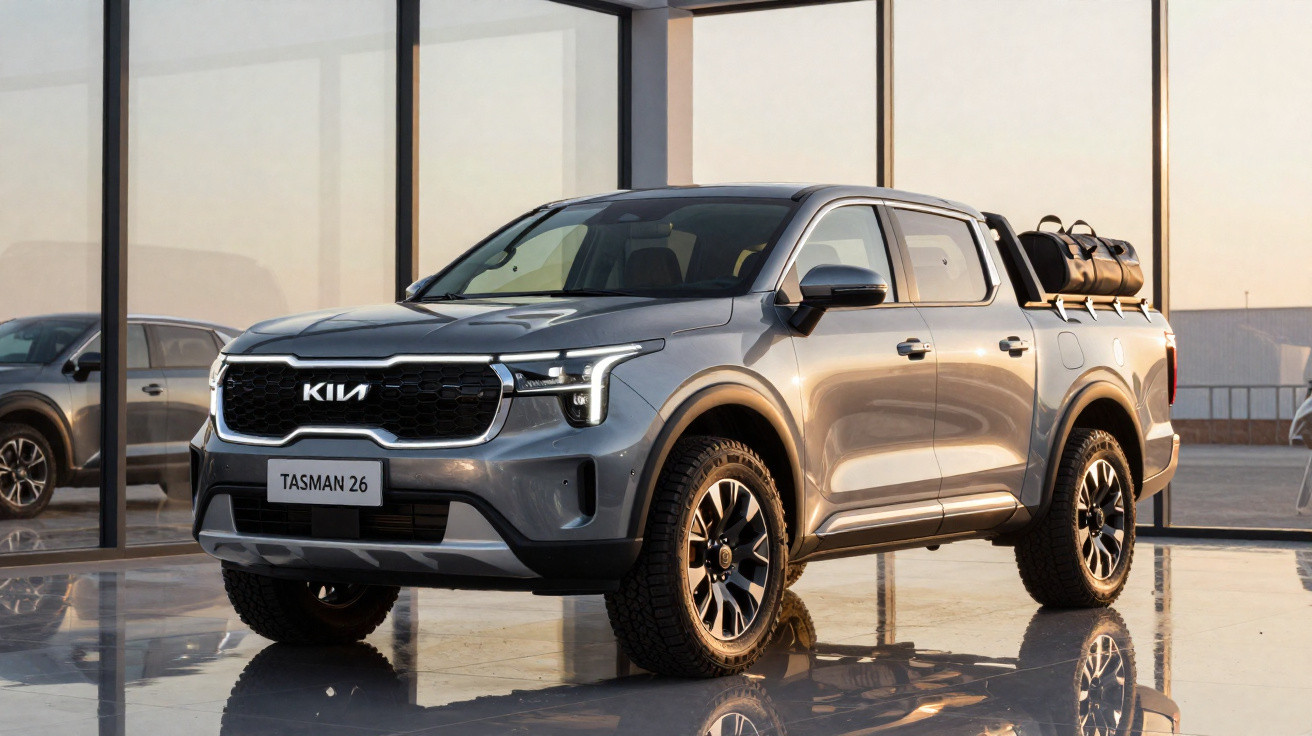 Picape Kia Tasman 26 prateada em showroom com refletores e bagagem na bagageira traseira.