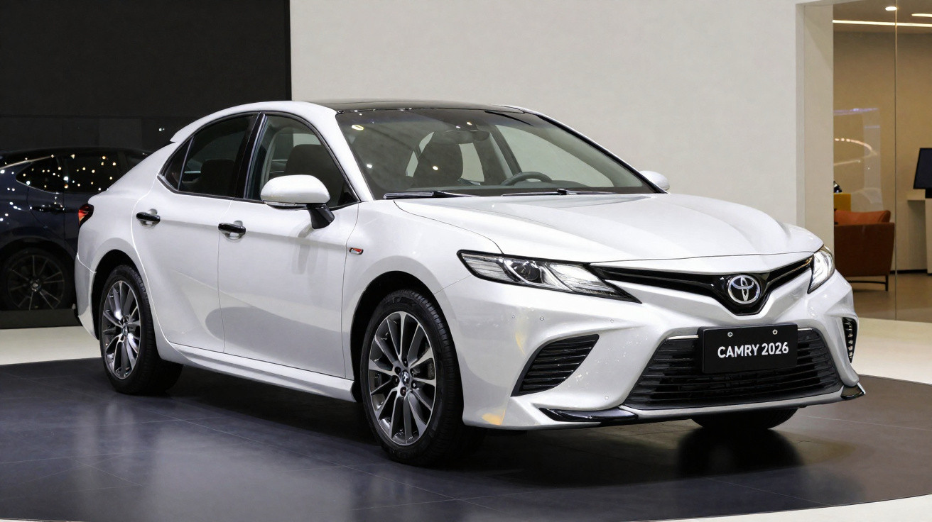 Carro Toyota Camry 2026 branco estacionado em exposição com fundo claro e piso escuro.