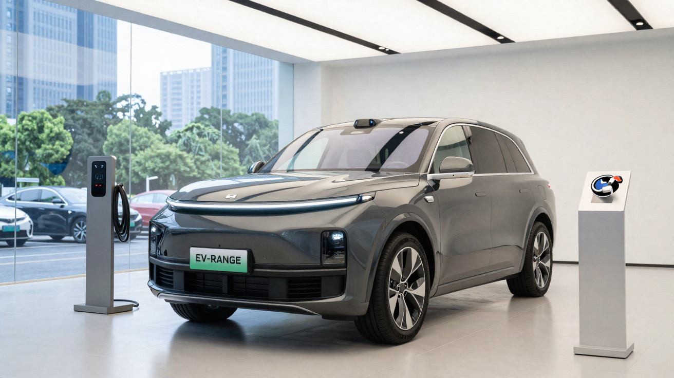 Carro elétrico cinzento estacionado numa sala moderna com estação de carregamento e pedestal informativo.
