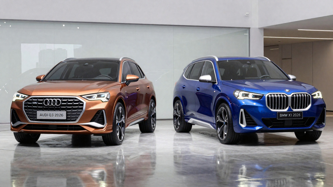 Dois carros SUV estacionados em pavimento brilhante, Audi Q3 bronze e BMW X1 azul, ambos 2026.