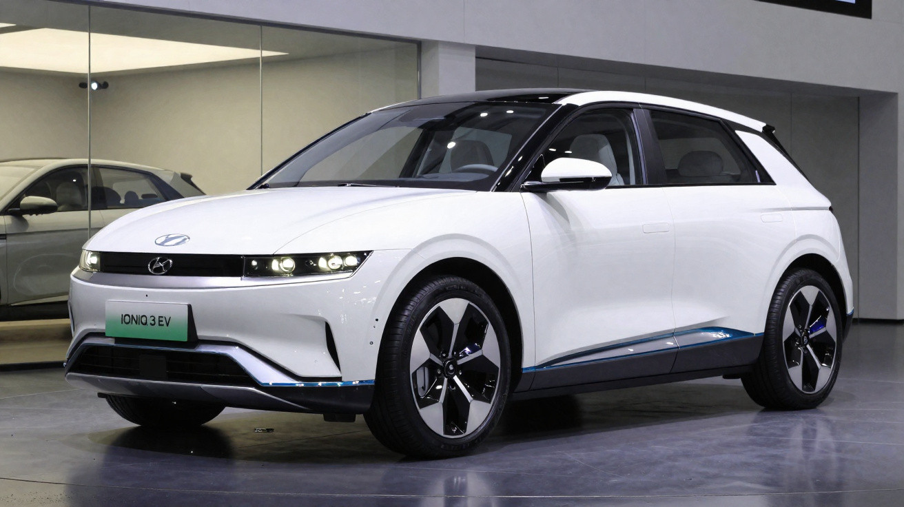 Carro elétrico branco Hyundai Ioniq 3 EV estacionado em salão moderno.