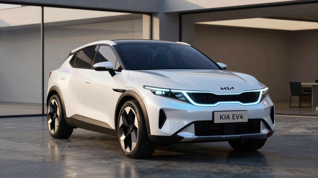 Carro elétrico branco Kia EV4 estacionado em área moderna com iluminação suave.