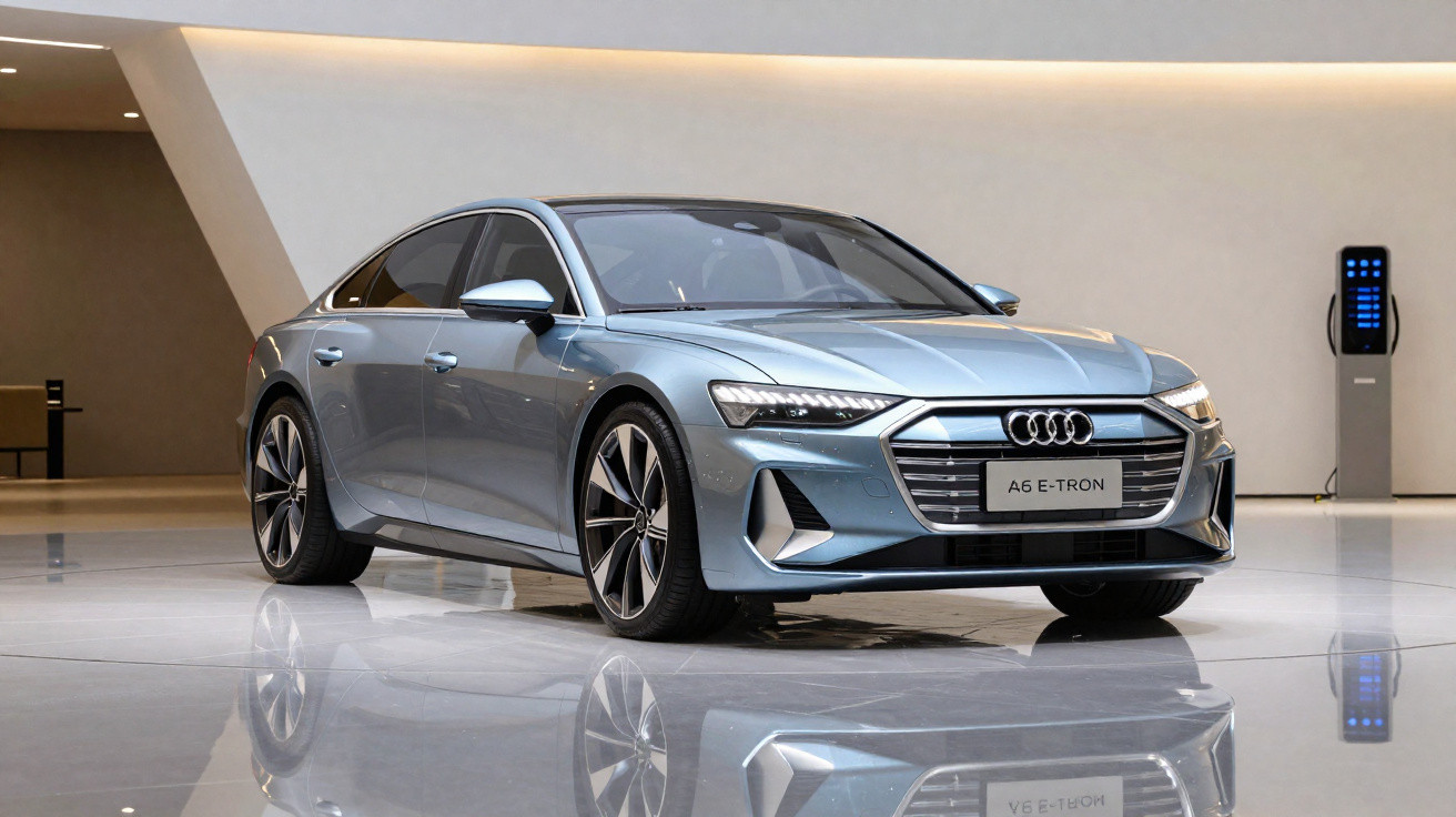 Automóvel Audi A6 E-Tron cinzento estacionado em interior moderno com chão refletor e posto de carregamento elétrico.