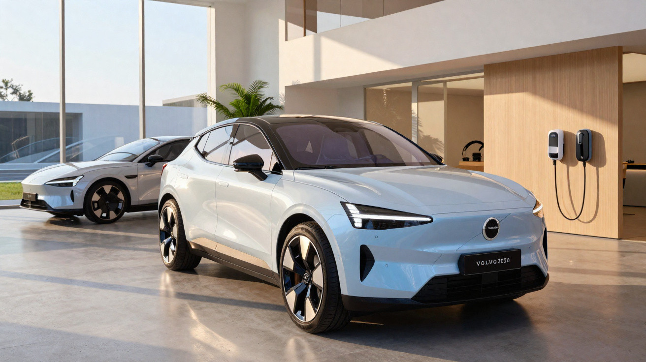 Dois carros eléctricos Volvo brancos estacionados num espaço interior moderno com painéis solares na parede.