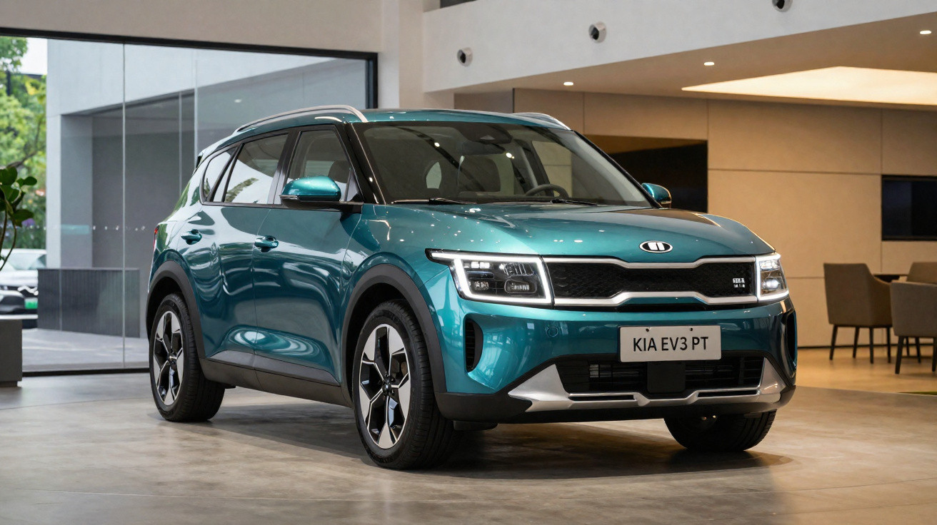 SUV elétrico KIA EV3 azul metálico exposto em ambiente interior moderno e iluminado.