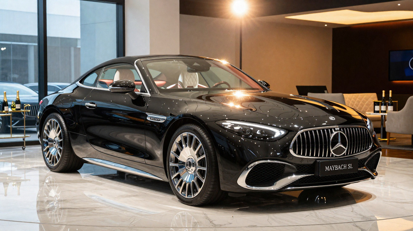 Carro desportivo preto Mercedes-Maybach SL em exposição num salão moderno e luxuoso.