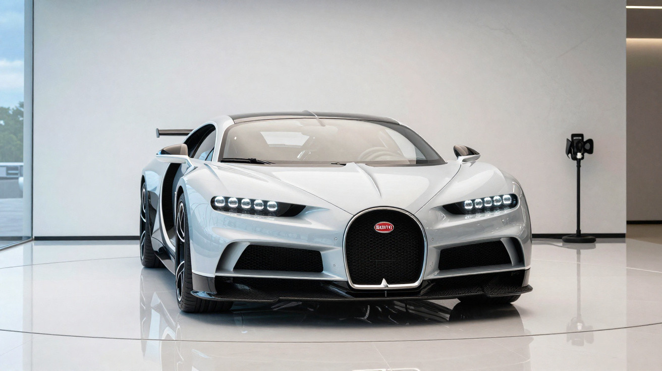 Bugatti Chiron Super Sport prateado visto de frente numa sala moderna e luminosa.