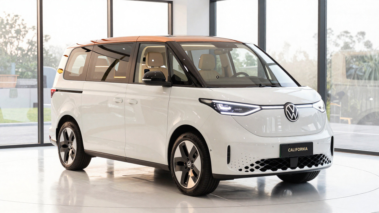 Carro elétrico Volkswagen California branco com tejadilho castanho, em showroom luminoso com janelas grandes.