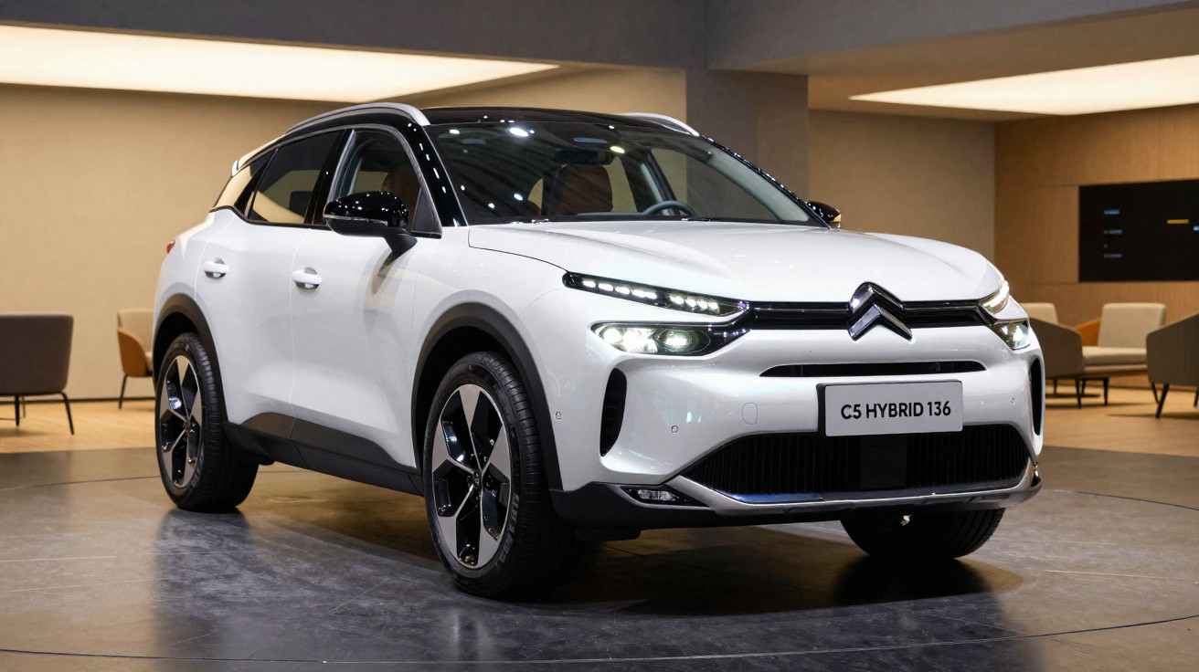 Carro Citroën C5 Hybrid 136 branco exibido em espaço interior moderno com iluminação quente.