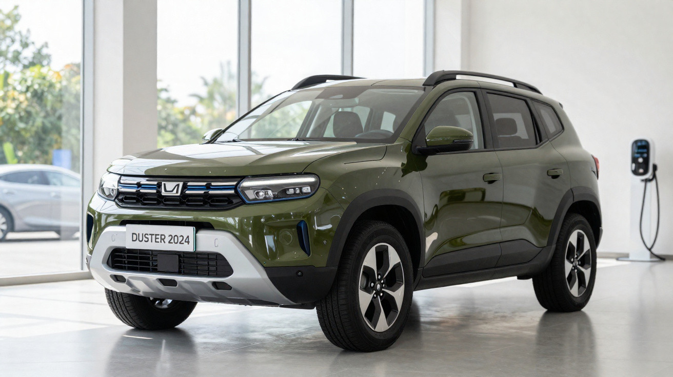 Carro Dacia Duster 2024 verde escuro em exposição interior com carregador elétrico na parede.