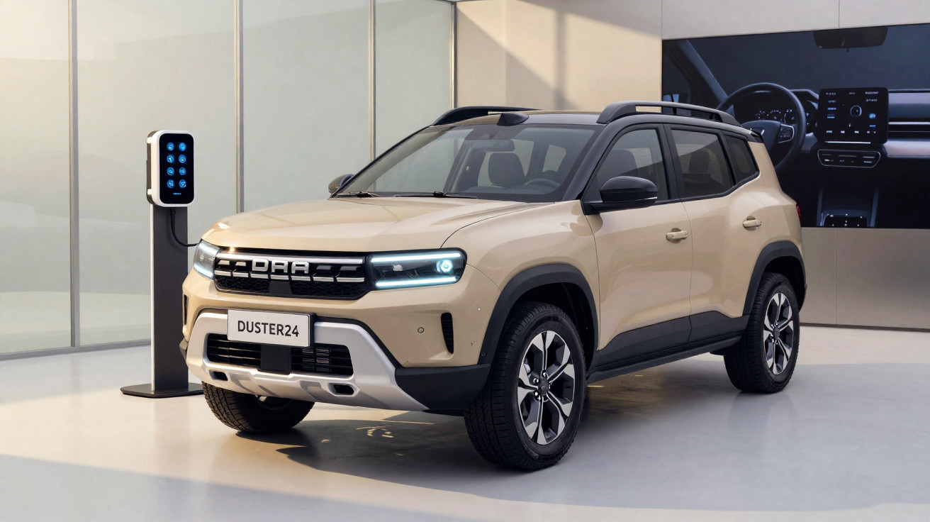 SUV Dacia Duster bege estacionado em interior moderno ao lado de posto de carregamento elétrico.