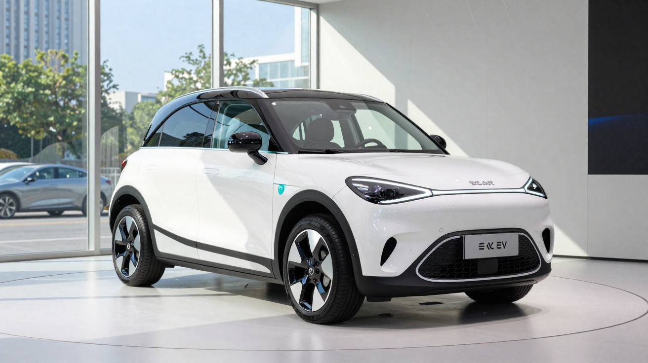 Automóvel elétrico compacto branco com teto preto exposto em showroom moderno com grandes janelas.