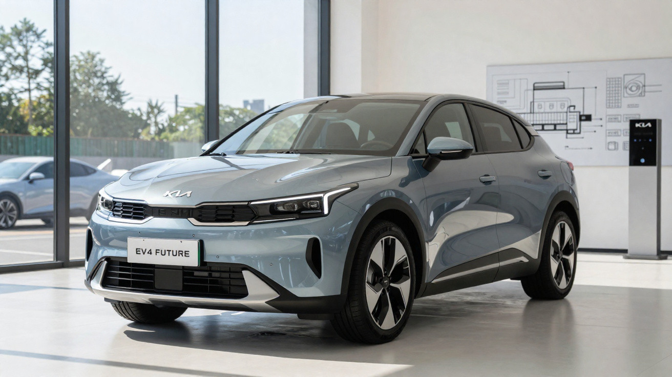 Carro eléctrico cinzento KIA EV4 Future estacionado num salão moderno com grandes janelas.