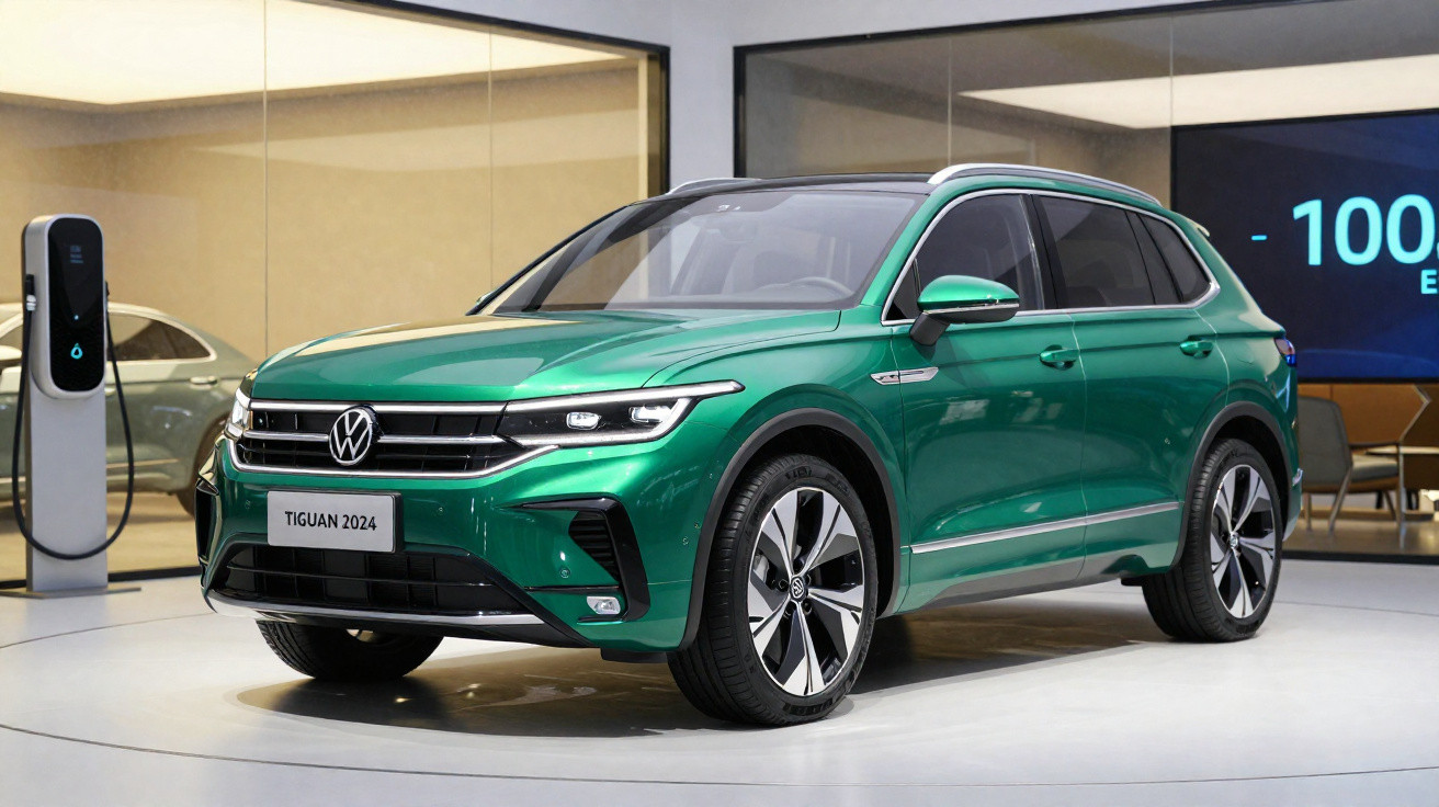 Volkswagen Tiguan 2024 verde estacionado em exposição com posto de carregamento elétrico ao lado.