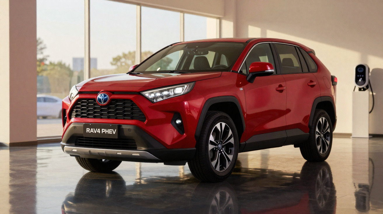 Carro Toyota RAV4 PHEV vermelho estacionado num espaço interno com parede branca e ponto de carregamento elétrico.
