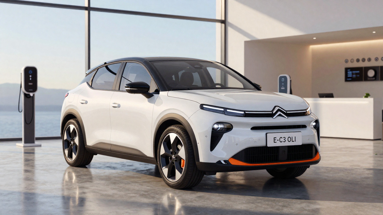 Automóvel Citroën elétrico branco e preto em showroom moderno com carregadores elétricos junto à janela.