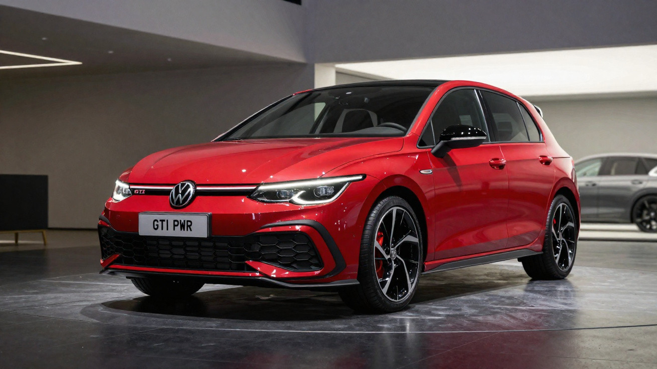 Carro Volkswagen Golf GTI vermelho com detalhes em preto, apresentado em salão moderno e iluminado.