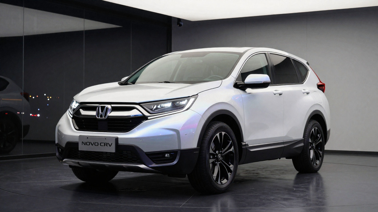 Carro SUV Honda CR-V cinza prata estacionado em sala de exposição com piso cinza e parede branca.