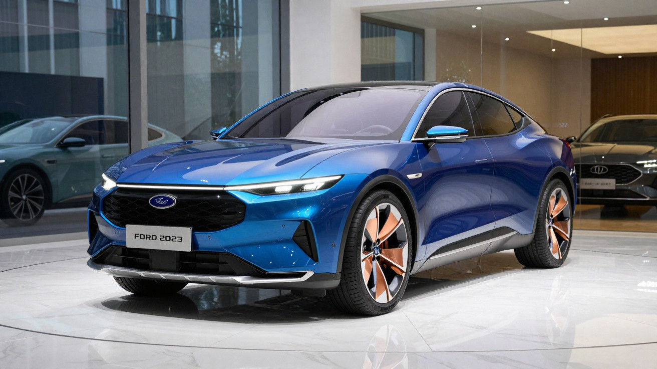 Carro desportivo azul Ford 2023 estacionado em exibição num showroom com jantes douradas.