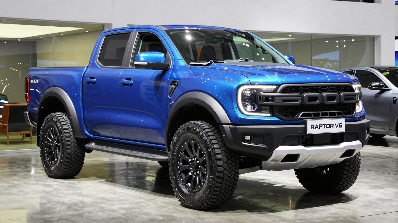 Pick-up azul Ford Ranger Raptor V6 exibida em salão automóvel com pneus todo terreno e design robusto.