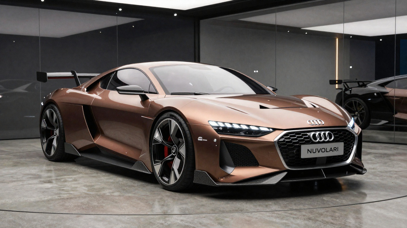 Carro desportivo Audi de cor bronze estacionado numa garagem com paredes espelhadas.