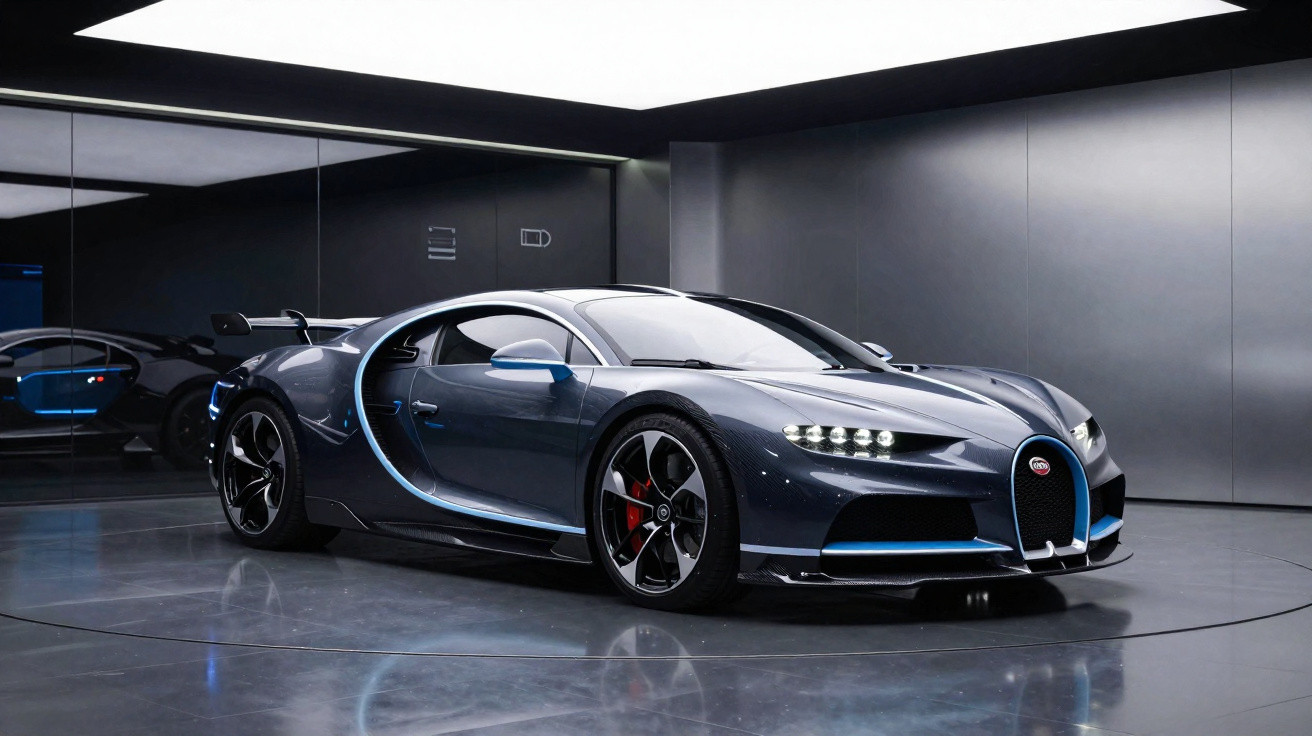 Carro desportivo Bugatti Chiron azul escuro num showroom moderno com iluminação branca e teto preto.