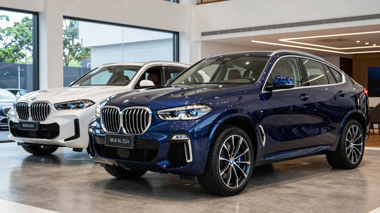Dois carros BMW X6 2024, um azul e outro branco, exibidos numa loja moderna com chão de cimento polido.