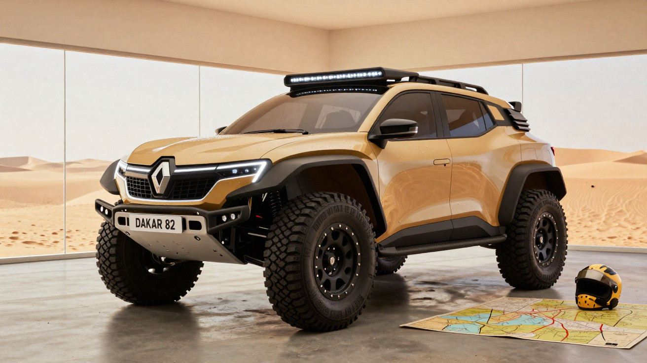 Carro todo-o-terreno Renault Dakar 82 em tom amarelo com pneus grandes, capacete e mapa no chão, cenário de deserto.