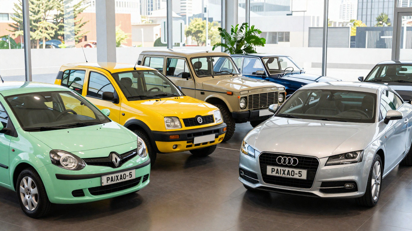 Vários carros de diferentes marcas e cores expostos num showroom espaçoso e luminoso.