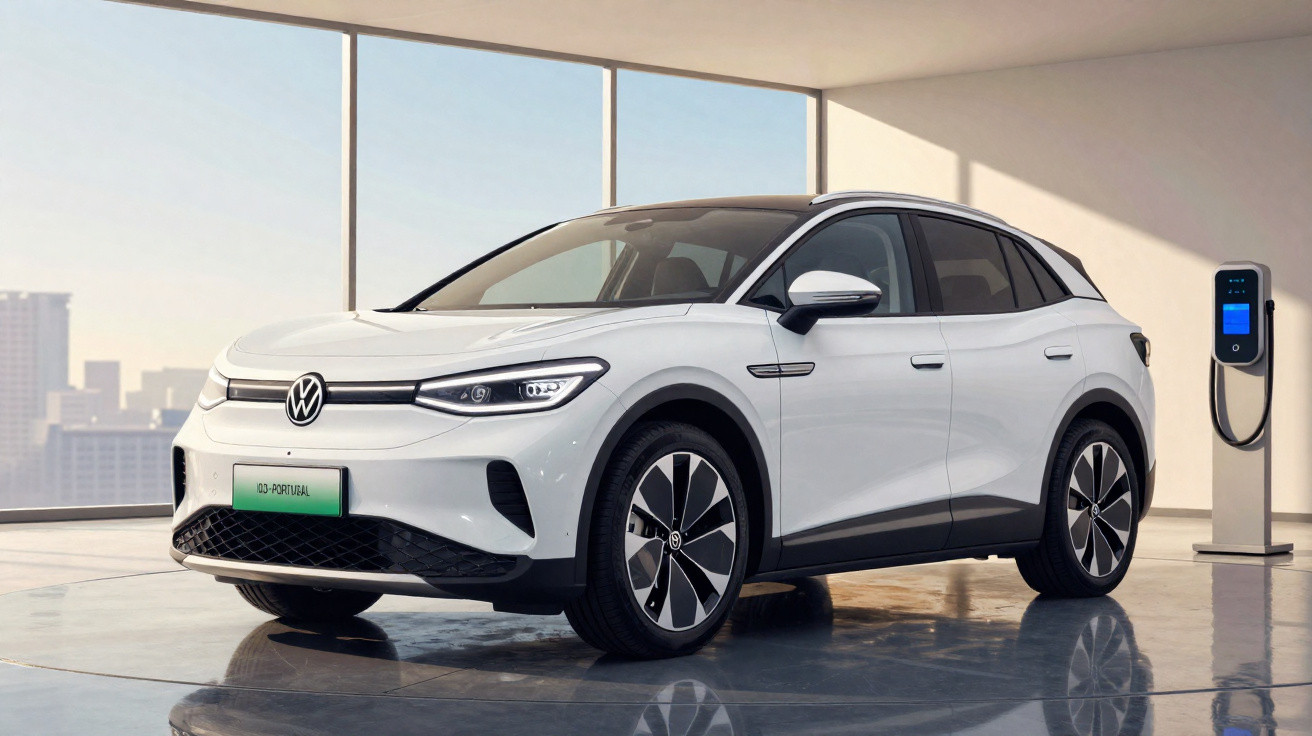 Carro elétrico branco Volkswagen ID.4 ligado a estação de carregamento em espaço moderno com vista urbana.