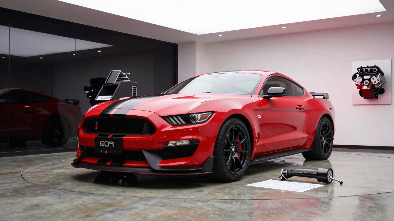 Carro desportivo vermelho com risca preta exposto numa garagem moderna com chão de cimento.