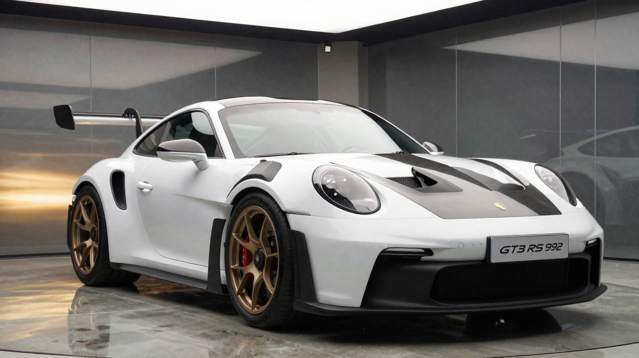 Carro desportivo branco Porsche GT3 RS 992 com jantes douradas e detalhes em preto num showroom moderno.
