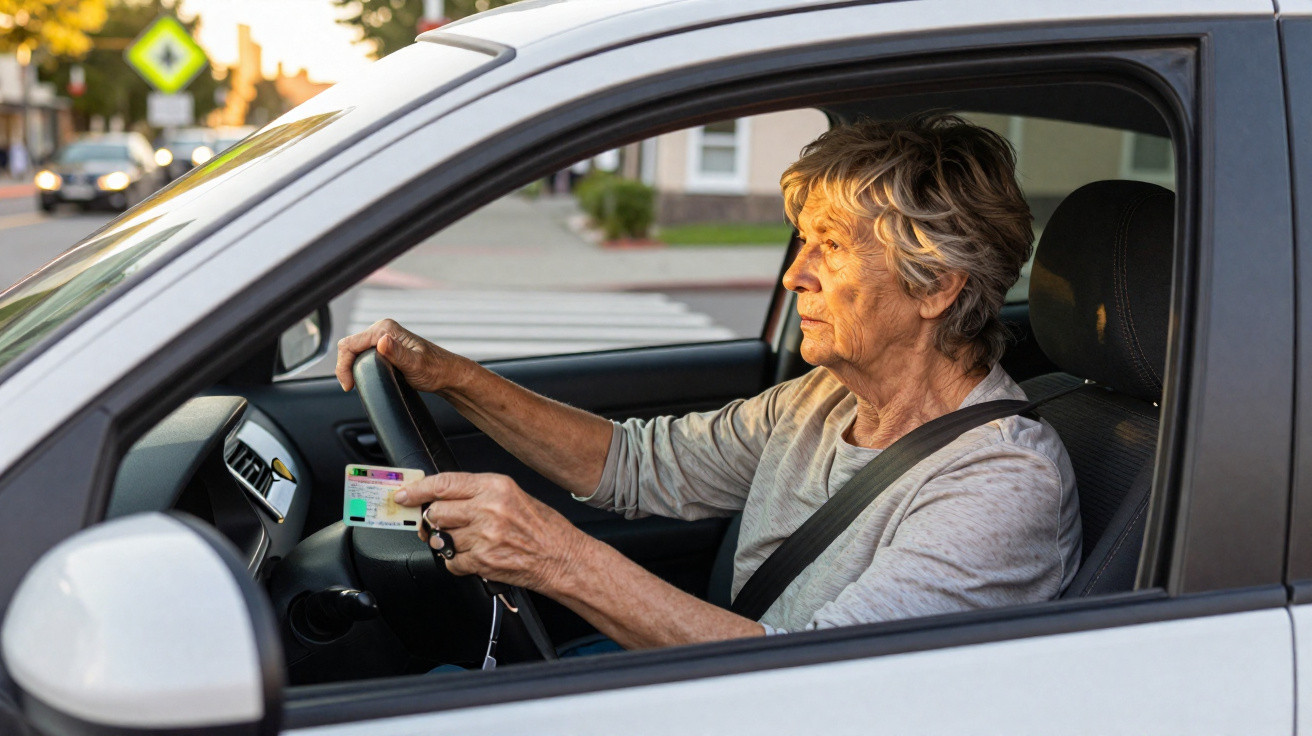Mulher idosa sentada ao volante de carro branco, usando cinto de segurança e a mostrar carta de condução.
