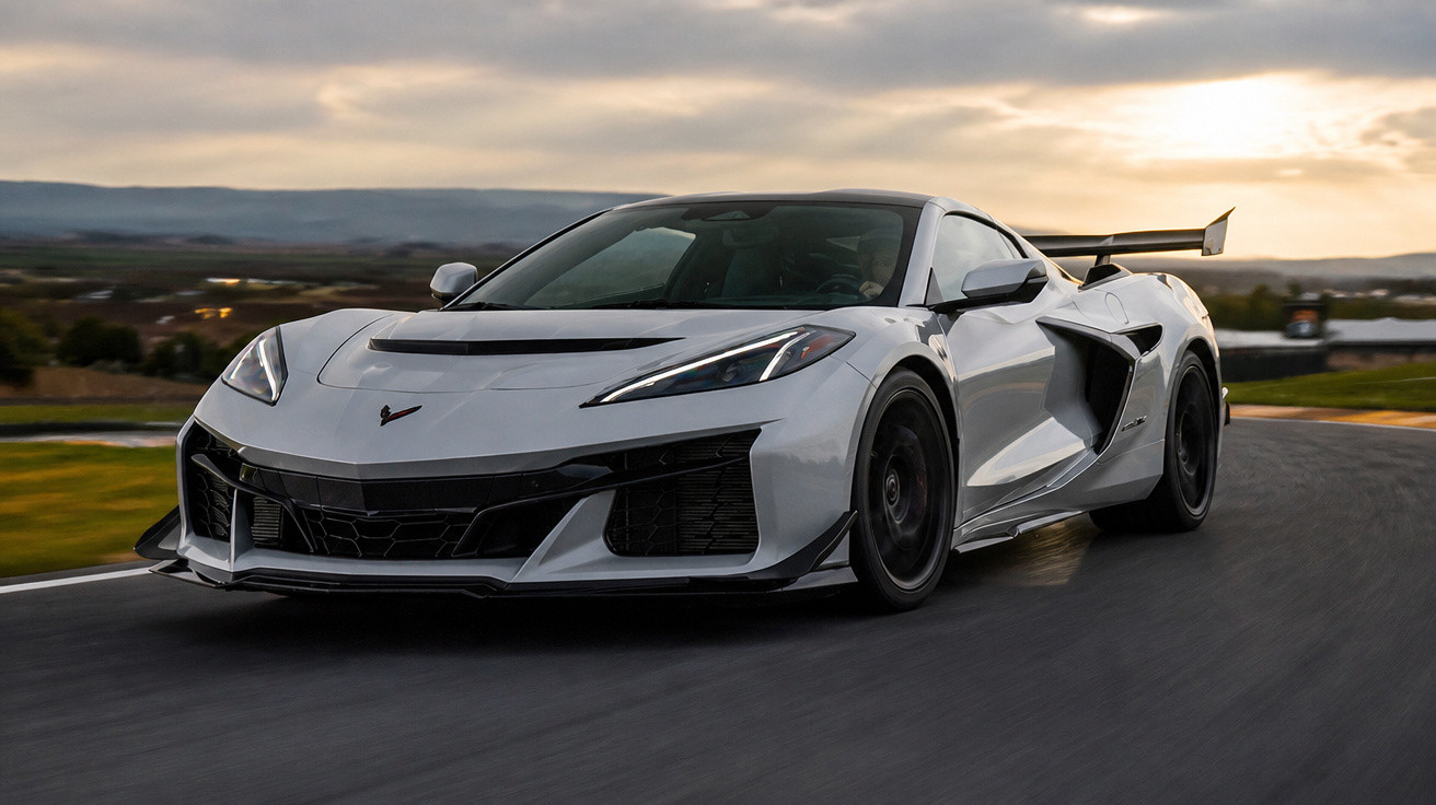 Carro desportivo branco em alta velocidade numa pista de corrida ao pôr do sol.