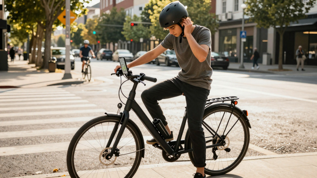 Jovem com capacete ajusta auscultadores enquanto está numa bicicleta numa rua da cidade.