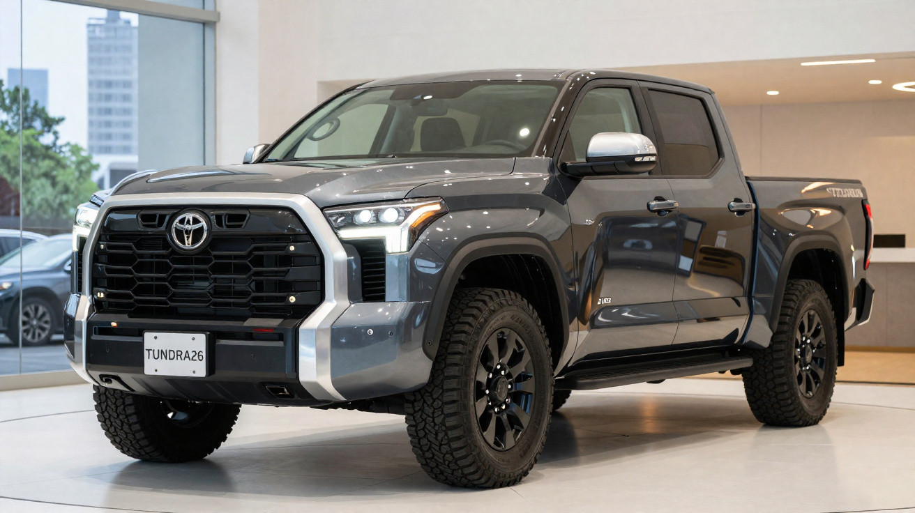 Pick-up Toyota Tundra cinzenta exposta em showroom moderno com iluminação clara.